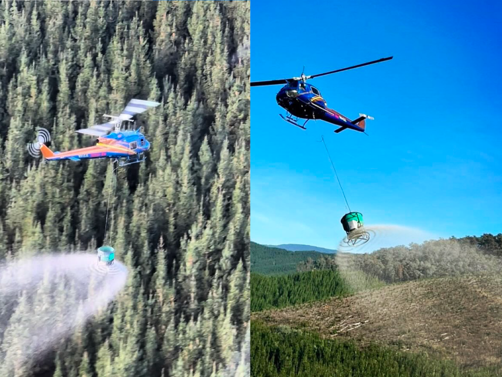 aircraft performing aerial topdressing and bulk fertilizer drops over forested terrain