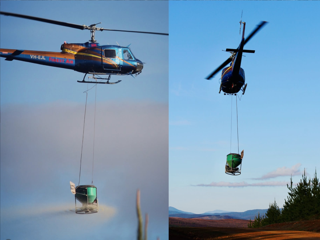 dry granular fertilizer and flying over forestry using a Ground-Effect spreader bucket